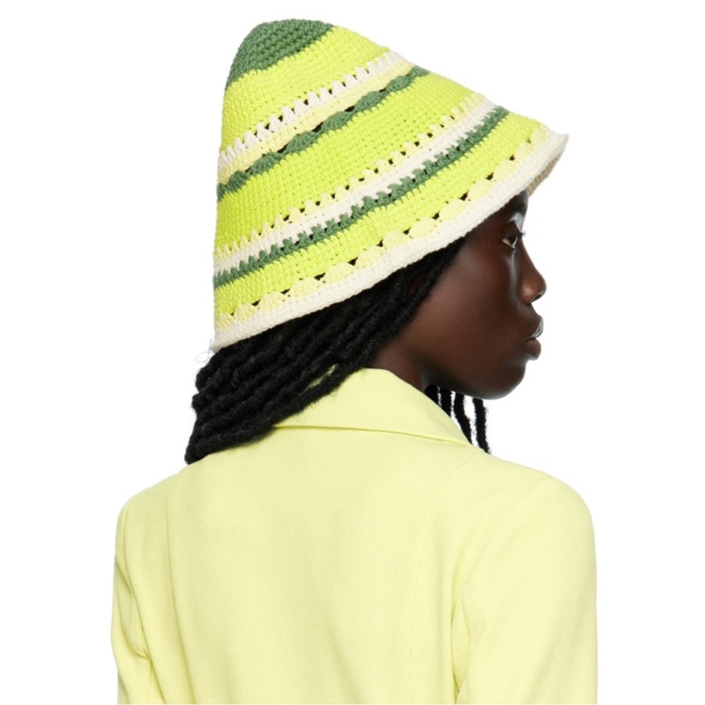 Ganni Green Bucket Hat with Striking Stripes